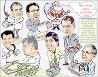 UNP government has inherited a heap of economic problems - clockwise: Ranil (economic puzzle), Mahinda (employment), Karu (power), SB (farmers), Choksy (no cash), GL (industries) and Ravi (COL) - with the next six months being a critical period for the new regime to get things right.