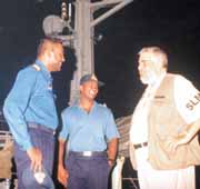 The Norwegian-led Sri Lanka Monitoring Mission (SLMM) has begun ceasefire monitoring at sea. The SLMM began its operation from Trincomalee on board Naval craft. Here truce monitor Arnstein Hanson is seen talking to Navy officers on board a Naval craft. Pic by M. A. Pushpakumara