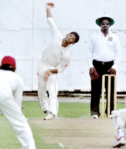 Right arm spinner Shehan Jayasuriya in action against Bloomfield at Braybrooke Place.-Picture by Ranjith Perera.