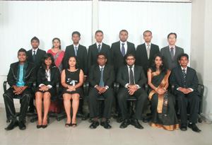 Seating from Left to Right – Mohammed Riyaz – Asst. Treasurer,  Alshika Grace Daniel – Secretary, Gayathri Bandara - Vice President Organizing, Manish Pradeeptha Dharmawardena – President, Panduka Samarasighe - Vice President Admin, Nevetha Ananth – Treasurer, Sanka Silva – Asst. Secretary, Standing from Left to Right – Dilanka Samarathunga – Committee Member- Young Members forum, Mufeena Saheer - Committee Member – Career Guidance, Consultancies & Research,  Dilan Chathuranga - Committee Member – Plan Implementation & Social Welfare, Livan Jayasekara - Committee Member – Publications & HR Related Surveys, Terrence Jalendran - Committee Member – International Affaires, Aruna Lakshitha - Committee Member – Membership Development & CSR, Emran Badoordeen - Committee Member – Marketing Media Coordination