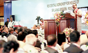 President Rajapaksa addressing diplomats at the workshop in Diyatalawa yesterday