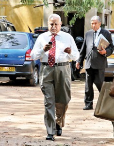 Harry Jayewardena and his counsel S.L. Gunasekera walking out of courts.  Pic by  Athula Devapriya
