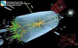 Event recorded with the CMS detector in 2012 at a proton-proton centre-of-mass energy of 8 TeV. The event shows characteristics expected from the decay of the SM Higgs boson to a pair of Z bosons, one of which subsequently decays to a pair of electrons (green lines and green towers) and the other Z decays to a pair of muons (red lines). The event could also be due to known standard model background processes.