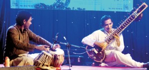 Peshala Manoj on tabla, Pradeep Ratnayake on sitar, and Abaji on an assortment of exotic stringed instruments.Photos: Mangala Weerasekera
