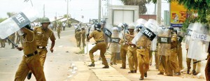 After the mob attacked the Mannar Court complex on Wednesday they pelted stones at the Police who arrived to control the situation. Pic by R.S. Lambert.