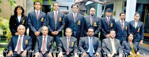 The Lankan Olympians before their departure to London : Standing from left Reshika Udugampola, and Heshan Unambuwa - (Swimming) Mangala Samarakoon - Rifle Shooting  (Third from right standing) and Thilini Jayasinghe - Badminton (exteme right standing). Pic by Amila Gamage