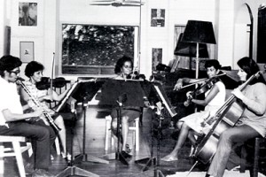 Clockwise from top: Members of the Philharmonia Players rehearsing in Mrs. Raffel’s home, circa 1972 (from left - Ajit Abeysekera, Eileen Prins, Evangeline de Fonseka, Carmel Raffel and Wendy Jackson-Miller; detail from score of the Cesar Franck Piano Quintet;