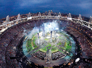 A spectacular aerial view of the 'Satanic Mills' in Danny Boyle's take on the Industrial Revolution. AFP