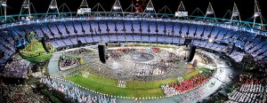 A general view shows athletes as they walk into the stadium during the Opening Ceremony of the London 2012 Olympic Games at the Olympic Stadium in London on July 27, 2012.  AFP