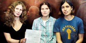 Jailed: Pussy Riot members, from left, Maria Alekhina, Yekaterina Samutsevich, and Nadezhda Tolokonnikova, pictured at court in Moscow