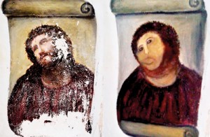 Before and... after: The Garcia Martinez artwork Ecce Homo (Behold The Man) before, left, and after, right, it was worked on by Gimenez. Damp had severely damaged the original