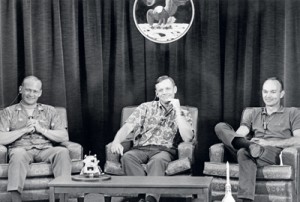 This files picture taken on July 19, 1969 shows (from left) US astronauts, crew of the Apollo 11 lunar landing mission, Edwin Aldrin, Neil Armstrong and Michael Collins during a press conference.  Armstrong died on August 25 at the age of 82 from complications following heart surgery earlier this month. AFP