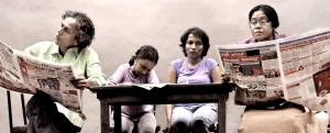 Fraught relationships: Left to right, Peter d’Almeida (Kalana), Shelina  Muthumudalige (Saki), Lakmini Seneviratne (Dil), Kaushalya Fernando (Gedara-Achchi). Pix by Susantha Liyanawatte