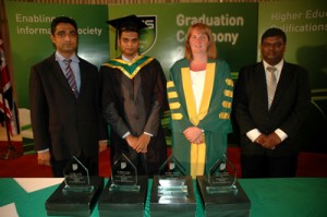 From left: ESOFT Computer Studies Chief Executive Officer Dr Dayan Rajapaksa, award-winning student Manju L. Fernando, BCS Education Section Head Sharon Herd and BCS Section Manager of ESOFT Gopinath.