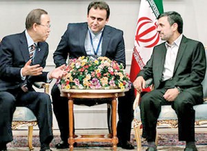 UN Secretary General Ban Ki-moon speaks with Iran's president Mahmoud Ahmadinejad upon arrival in Tehran for the NAM summit. Photograph: Reuters