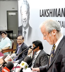 Sir Alan delivering the memorial lecture as Suganthie Kadirgamar and Minister Peiris look on.