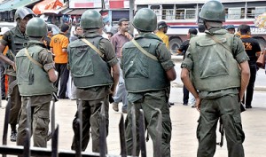 Heavy army presence at the FUTA protest in front of the Colombo Fort Railway station on Thursday. Pic by Mangala Weerasekera