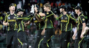 Match winner for Australian Shane Watson celebrates the wicket of West Indian dasher Chris Gayle for 54. Pic by Amila Gamage