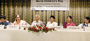 The members of ‘Citizens for a secure Sri Lanka’ addressing the media on Thursday at the Cinnamon Grand Hotel. From left are Visakha Tillekeratne (Founder of Justice for Victims); Caryll Tozer-Perera, (Founder member of Women-in-Need); Prof. Harendra de Silva, Shantha Jayalath (Commissioner of Girl Guides); Shanthi Sachithanandam (Chief executive Officer of Viluthu); and Girl Guide Kavindya Tennekoon. Pic by M.A. Pushpa Kumara