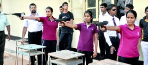 Devi Balika’s Methsarani Lokuge (right) was adjudged the ‘sharp shooter’ in the girl’s air rifle 10m event at the inaugural National Schools Shooting Championship held at Veyangoda.- Pic by Amila Gamage