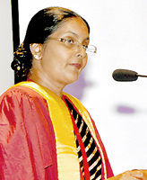 Dr. Susie Perera addresses the gathering after being inducted as the President of the College of Community Physicians on Friday. The Chief Guest at the ceremony was Health Minister Maithripala Sirisena and the Guest of Honour veteran lawyer and constitutional expert R.K.W. Goonesekere.