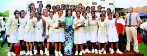 The victorious Ladies College rowing crew with the school officials.