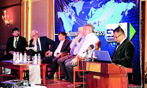 The distinguished guests at the B’Fast Meeting hosted by EdHat International. Seated from Left is Mr. V. Janagan(MD-IDM Nations Campus), Prof. Dayantha Wijeyesekara (Chairman – TVEC, SL), Dr. Bandu Ranasinghe (Chairman – IDM), Mr. Rogger Wolley (EdHat International), Dr. Mike Alderson (CAA – EdHat International)