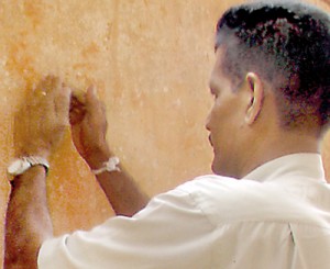 A member of the special team checks the fungus blighted  mirror wall