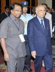 The HinduGovernor H.R. Bhardwaj (right) and G. Viswanathan, EPSI president,  arriving for a conference in Bangalore on Wednesday. Photo: Sampath Kumar G.P.