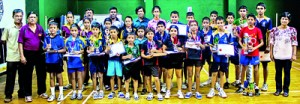 Champions and the Runners-up with the organizers and Chief Guest Wijesinghe Kumarage President of the National Services Table Tennis Association and Manager National Savings Bank