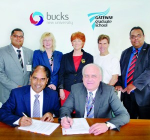 Professor Derek Godfrey, Deputy Vice Chancellor, Dr. Lorraine Watkins-Mathys,Head of School - Applied Management & Law, Mr. Ajitha Wanasinghe, Recruitment Consultant/ Lecturer, Mr. John Furley, Principal Lecturer/Course Leader, Department of Travel and Aviation, Ms. Sarah Fox, Senior Lecturer of BNU along with Dr. Harsha Alles and Mr. Ramantha Alles of Gateway at the signing of the agreement in Buckinghamshire, UK.