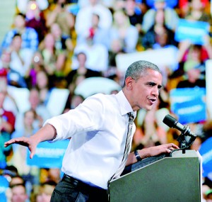 US President Barack Obama speaks during a campaign rally in Boulder, Colorado, on Thursday. Obama and his republican rival Mitt Romney sprinted back onto the campaign trail Thursday, touting rival visions for America to the faithful and the undecided just five days from polling day. AFP