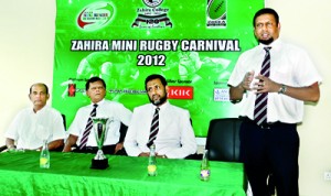 President of the ZOBRA, Nazeem Gaffoor addressing the gathering in the presence of Principal M.H. M. Jiffry, Sports Council Chairman Tony Amit and Rugby Committee Chairman Riza Abdeen.