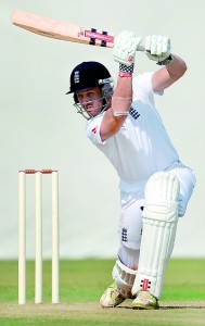 England batsman Nick Compton plays a shot during the third day of a four-day practice match between England and Haryana at The Sardar Patel Stadium ground B at Motera in Ahmedabad on November 10, 2012. The England cricket team plays a four Test series against India from November 15. AFP PHOTO/ PUNIT PARANJPE