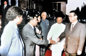 In the front line: Being introduced by President Premadasa to visiting Chinese Prime Minister Li Peng