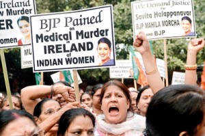 Demonstrators from India's BJP shout slogans against the Irish government for the death of Indian national Savita Halappanavar (AFP)