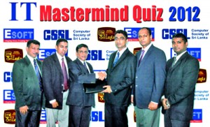 The Chairman of the ESOFT Higher Education Institute, Dr. Dayan Rajapaksa and Computer Society of Sri Lanka (CSSL) past President Chrishantha Silva exchanging the IT Mastermind Quiz Programme Memorandum of Understanding. In the picture (Left to right) are CSSL assistant treasurer, Bandara Disanayake, ESOFT International Education (PVT) Limited Chief Executive Officer Dr. Prasanna Lokuge, CSSL past President Chrishantha Silva, ESOFT Chairman Dr. Dayan Rajapaksa, CSSL present President Mahesh Perera, ESOFT, Director Nishan Sembakuttiarachchi.