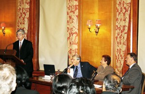 Sir Henry Brooke speaking at the book launch. Seated from left are Sir Adam Roberts,  Master Rosalyn Higgins and Master Jonathan Hirst QC