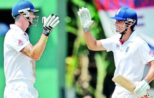 Kevin Pietersen and Alastair Cook put on an unbeaten 110 run stand to take England to a challenging 178 for 2 in replay to India’s 327.