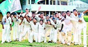 The jubilant Lyceum Nugegoda Under-15 cricketers after their victory.