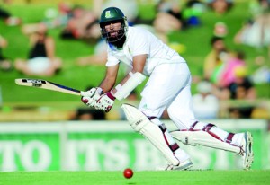 South African batsman Hashim Amla plays a shot on day two of the third cricket Test against Australia at the WACA ground in Perth.