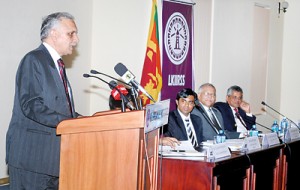 Dr. Gupta delivering his lecture on Wednesday. Picture courtesy www. kadirgamarinstitute.lk