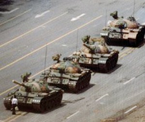 A man blocks a line of tanks in Beijng after Chinese forces crushed a pro democracy demonstration in Tiananmen Square in 1989