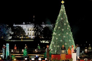Festive greetings from the most powerful person: President Obama and his family are dwarfed by the enormous Christmas tree as he bids a 'Happy Christmas' to all in attendance at the 90th annual lighting of the National Christmas Tree on Capitol Hill