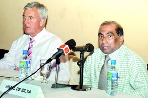Nimal de Silva (right) and Peter Crone at the media briefing.