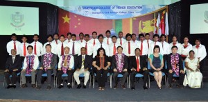 President GCAC   Prof. Wu  Wanmin and Mrs. Sherryn Yaseen CEO of ACHE pose for official photograph with current students. In the picture from left RHM Piyasena Registrar ACHE, Mr. Vincent Lin, Mr. Xu Dean of Business Management, Mr. Peian Vice Dean Aircraft Engineering,  Mr. Rohana Nanayakkara Program Manager, Mrs. Sherryn Yaseen Mangalagama CEO of ACHE, President of GCAC Prof. Wu  Wanmin, Mr. Suresh Yaseen Director Operations ACHE, Dr. Sylvia Li Director International Affairs GCAC, Mr. Lieshu Vice Dean Flight Services, Dr. P Sirimanne Director studies ACHE