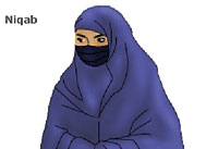 The niqab is a veil for the face that leaves the area around the eyes clear. However, it may be worn with a separate eye veil. It is worn with an accompanying headscarf.