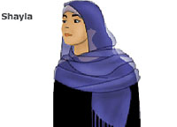 The shayla is a long, rectangular scarf popular in the Gulf region. It is wrapped around the head and tucked or pinned in place at the shoulders.