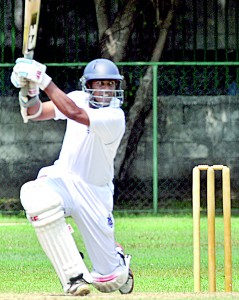 Malinda Warnapura drives  one to the boundary vs Ragama CC. Pix by Ranjith Perera