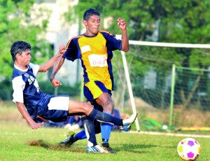 Football is still played in most parts of the country due to active participation of Armed Forces as depicted in a match between Nandimithra and Army. - File pic